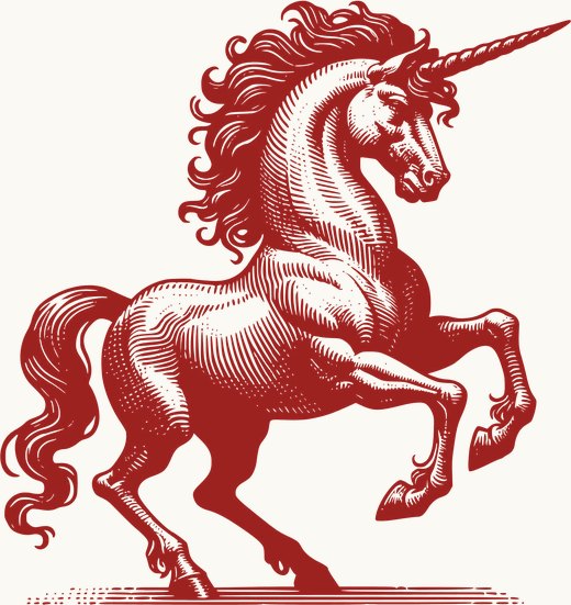 The Red Unicorn: an engraving of a rearing unicorn